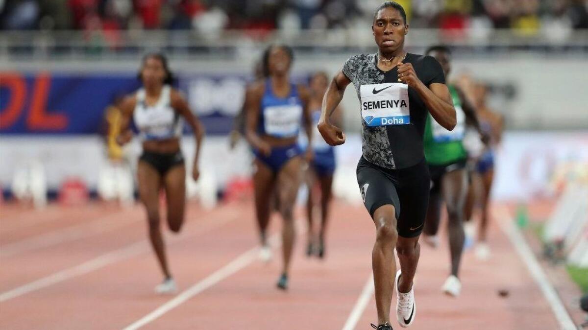 South Africa's Caster Semenya competes to win the gold in the women's 800-meter final during the Diamond League in Doha, Qatar, on May 3.