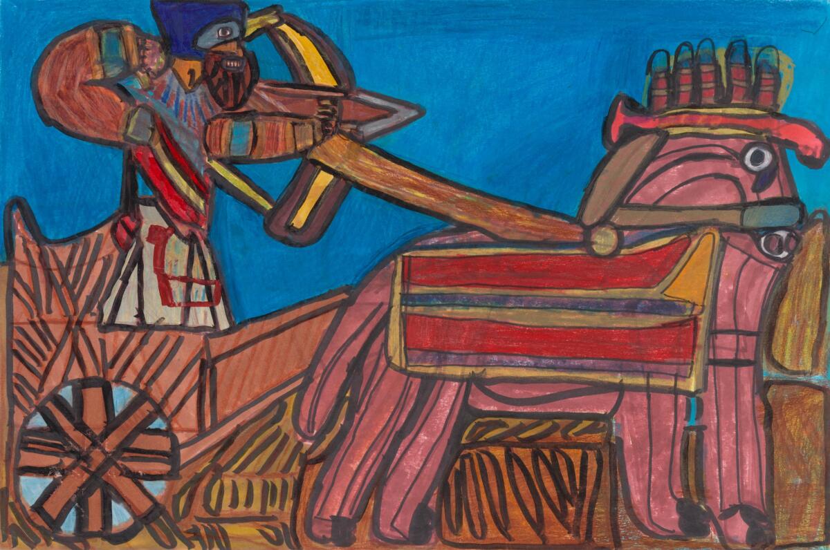 Evan Hynes, "Chariot Ride to Battle," 2020, colored pencil and marker on paper.
