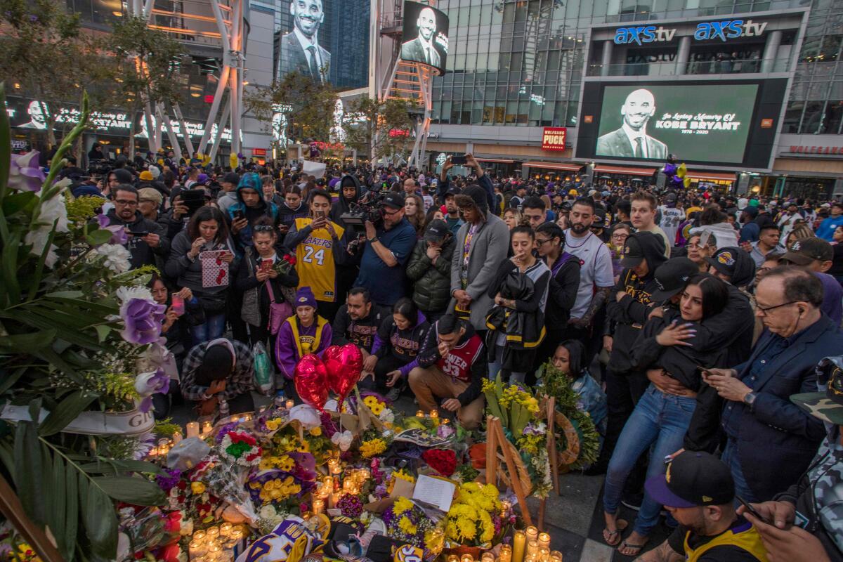 Makeshift memorial for Kobe Bryant outside Staples Center.
