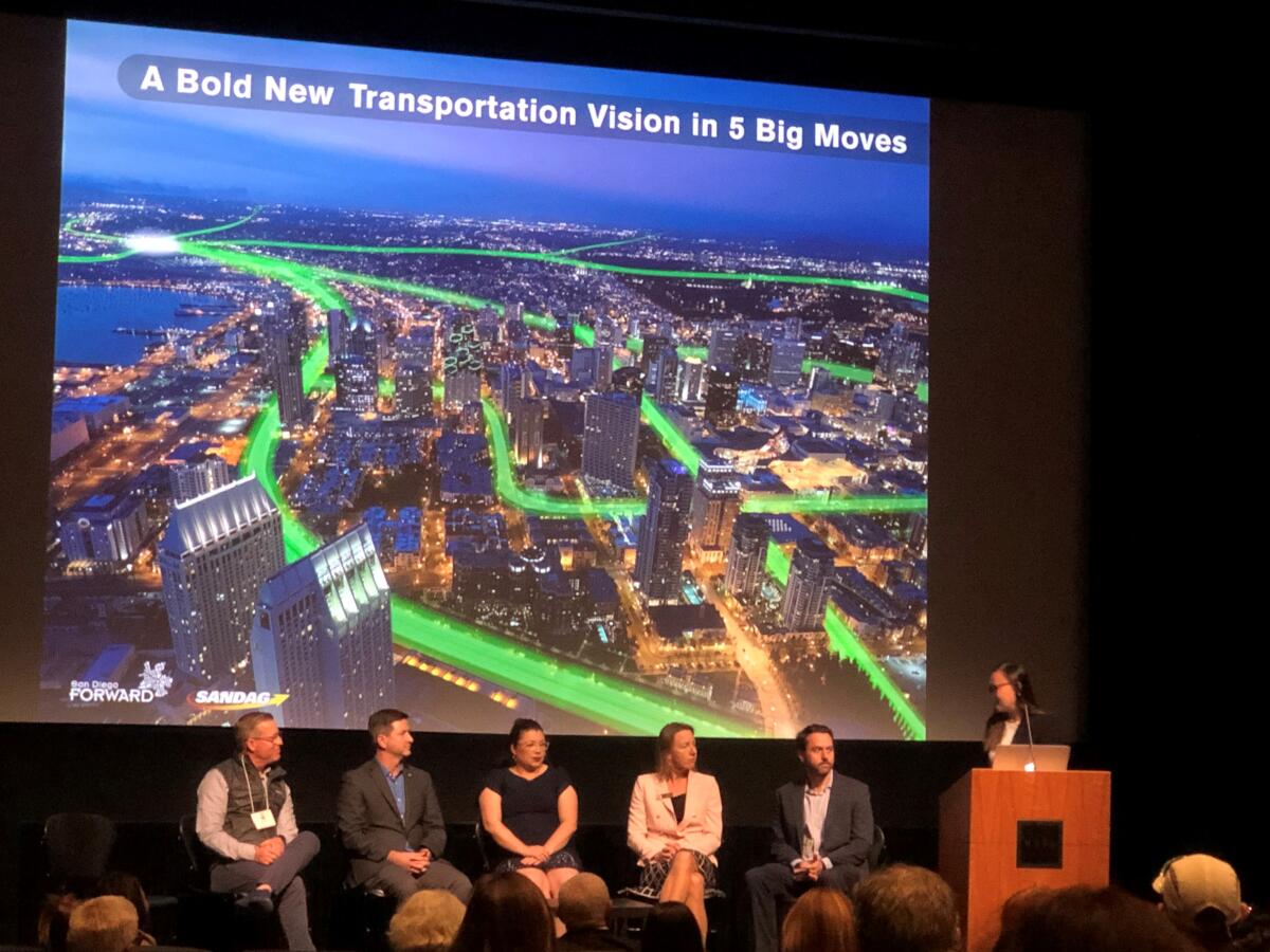 (Left to right) Imperial Beach City Councilman Mark West, San Diego City Councilman Chris Ward, National City Mayor Alejandra Sotelo-Solis, Encinitas Mayor Catherine Blakespear and Imperial Beach City Councilman Mark West participated in a panel discussion.