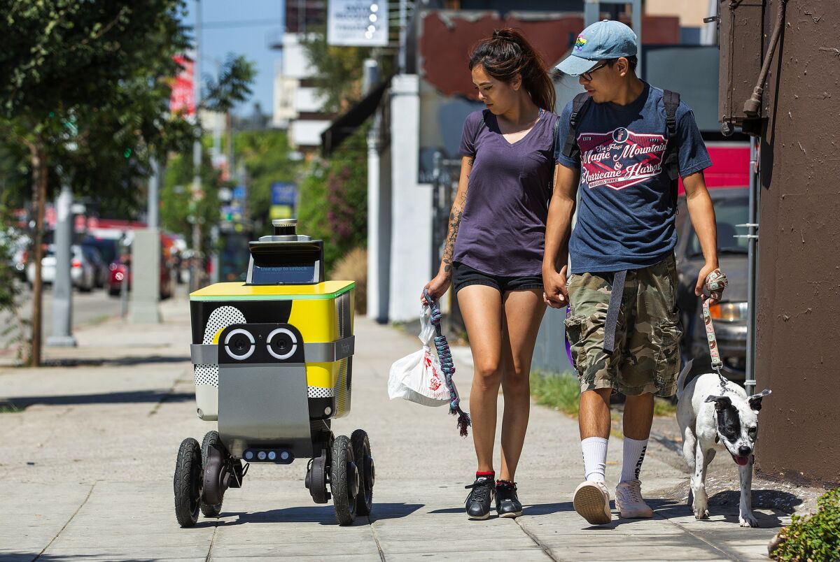 A food delivery robot passes two people walking a dog on a sidewalk.