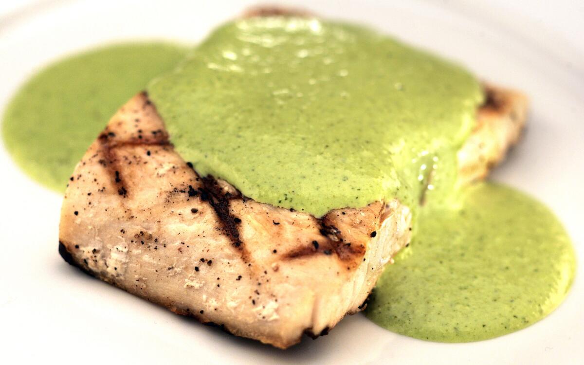 Grilled fresh mahi-mahi with jalapeno cilantro sauce