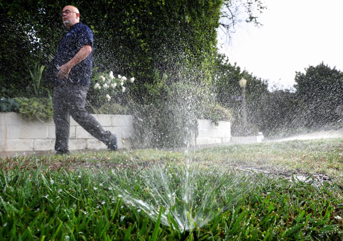 Sprinklers water a lawn as a man walks by