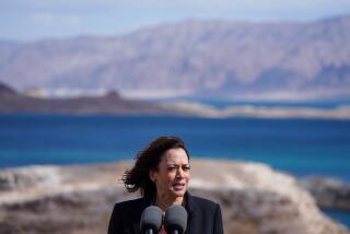 Lake Mead, NV - October 18: U.S. Vice President Kamala Harris delivers remarks during a tour of Lake Mead on Monday, Oct. 18, 2021 in Lake Mead, NV. The Southern Nevada Water Authority briefed the vice president on the ongoing drought in Lake Mead, which supplies more than 90% of water to the Las Vegas Valley. (Kent Nishimura / Los Angeles Times)