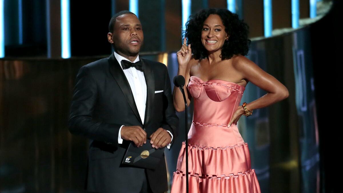 Presenters Anthony Anderson and Tracee Ellis Ross at the 67th Primetime Emmy Awards at the Microsoft Theater.