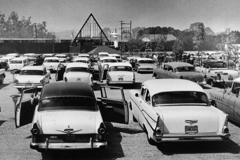 In June 1957, the Rev. Robert Schuller held his Garden Grove Community Church service at the Orange Drive-In. The church had no permanent building and rented the drive-in each Sunday.