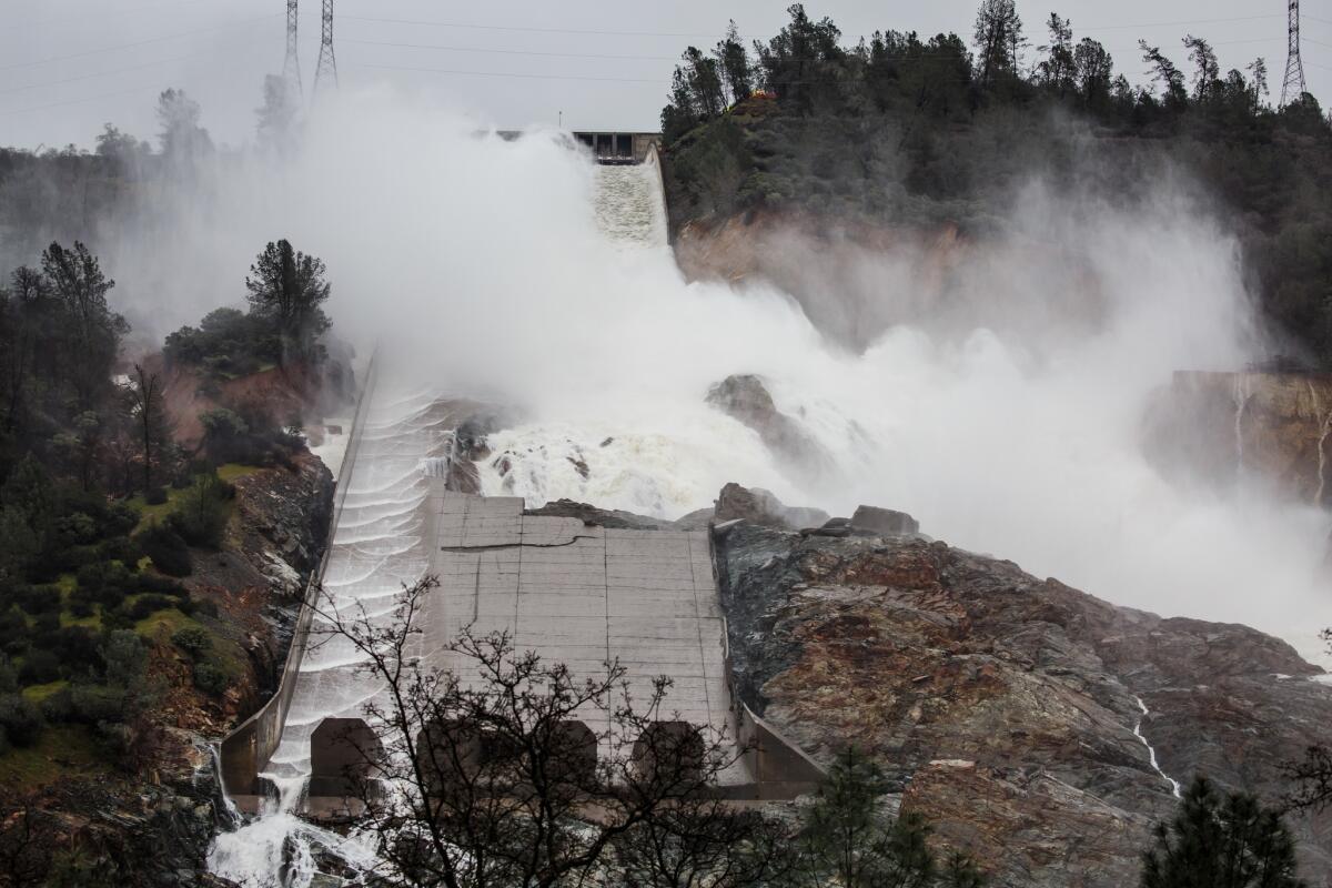 Water flow is barely flowing down the main spillway in Oroville on on Feb. 19 days after the spillway crumbled and an emergency spillway nearly failed.