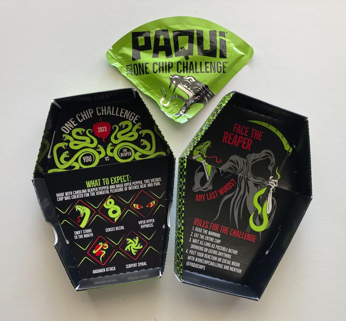 A package of Paqui OneChipChallenge spicy tortilla chips