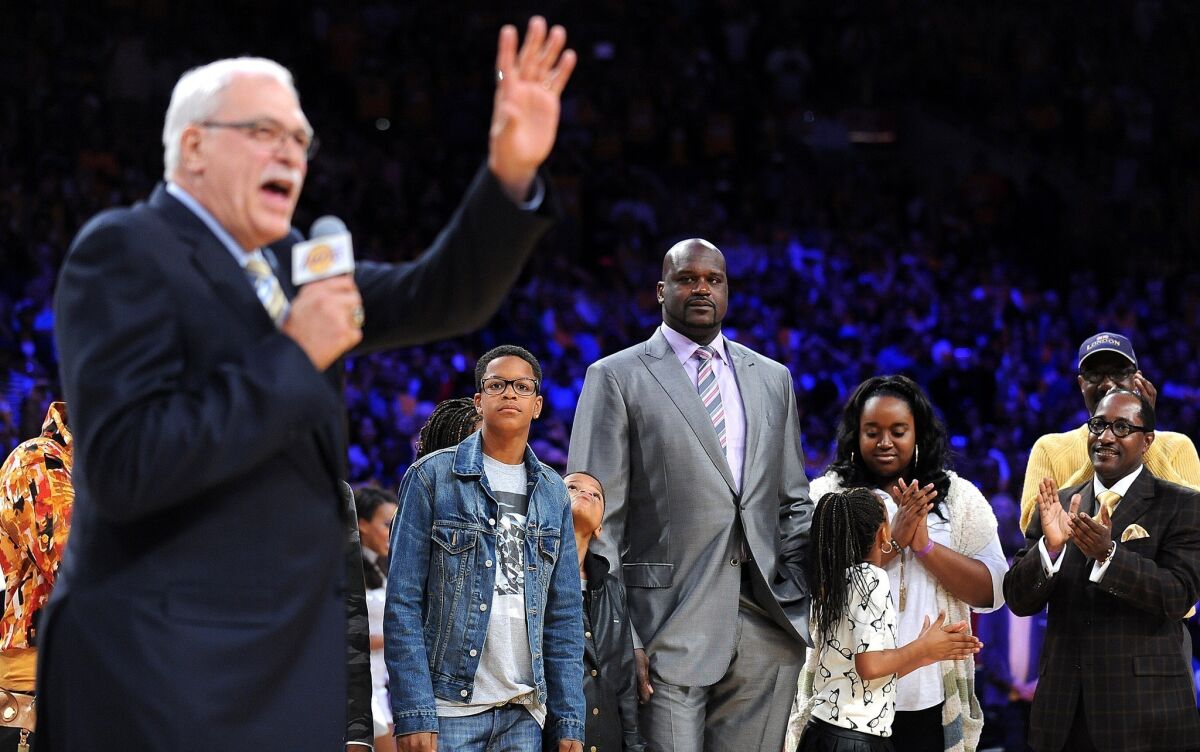 Phil Jackson speaks at the ceremony to retire Shaquille O'Neal's No. 34 jersey at Staples Center.