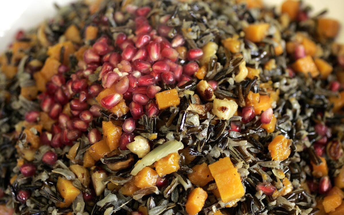 Wild rice 'stuffing' with butternut squash, toasted hazelnuts and pomegranate seeds