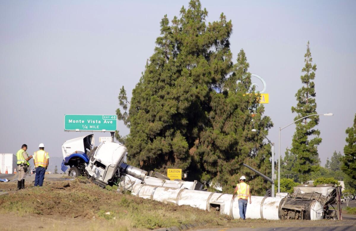 An overturned chlorine tanker truck forced a partial closure of the westbound 10 Freeway in Montclair early Saturday.