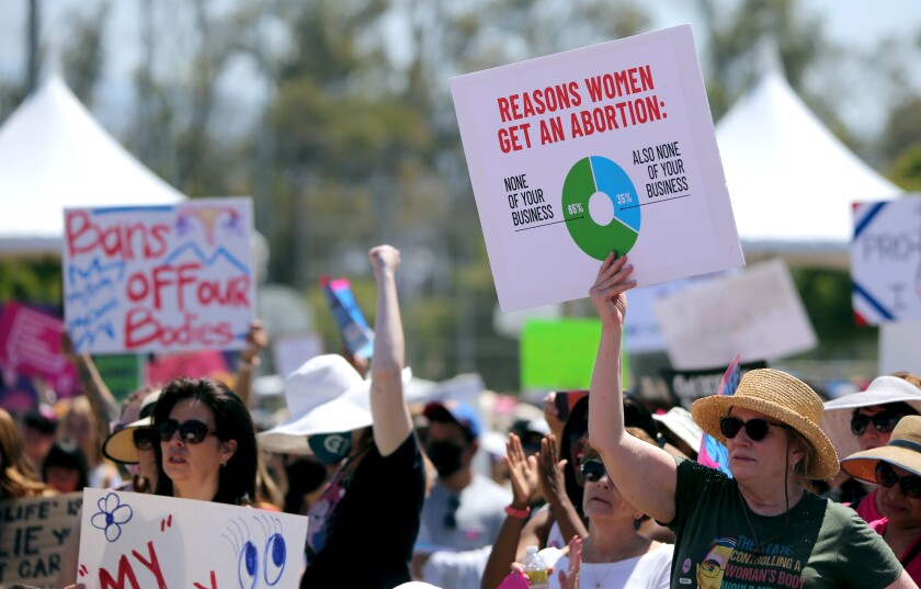 Demonstrators join Planned Parenthood's "Bans Off Abortion" rally at Centennial Regional Park in Santa Ana on May 14.