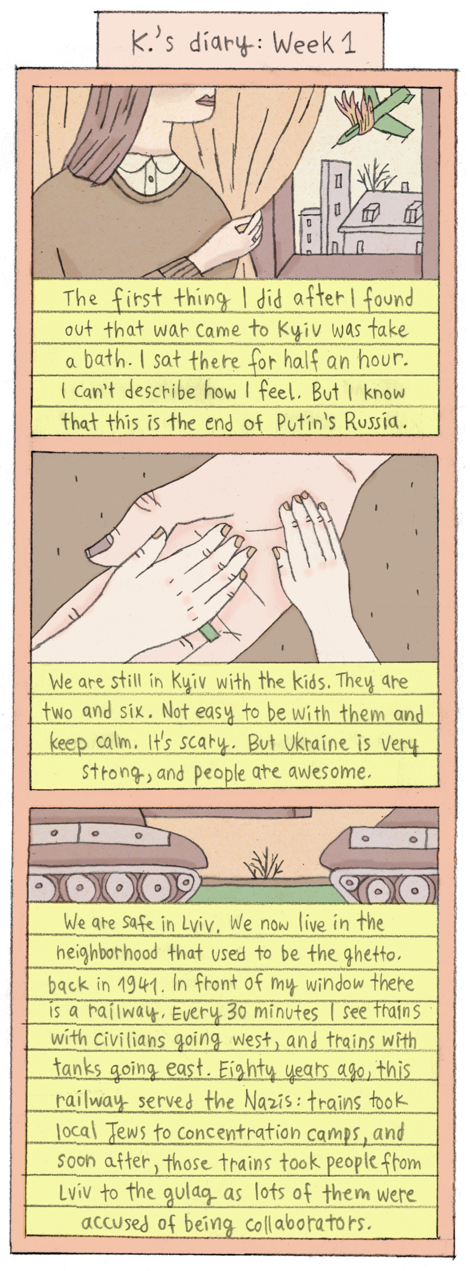 Illustrated comic of K's Ukraine diary for Week 1.