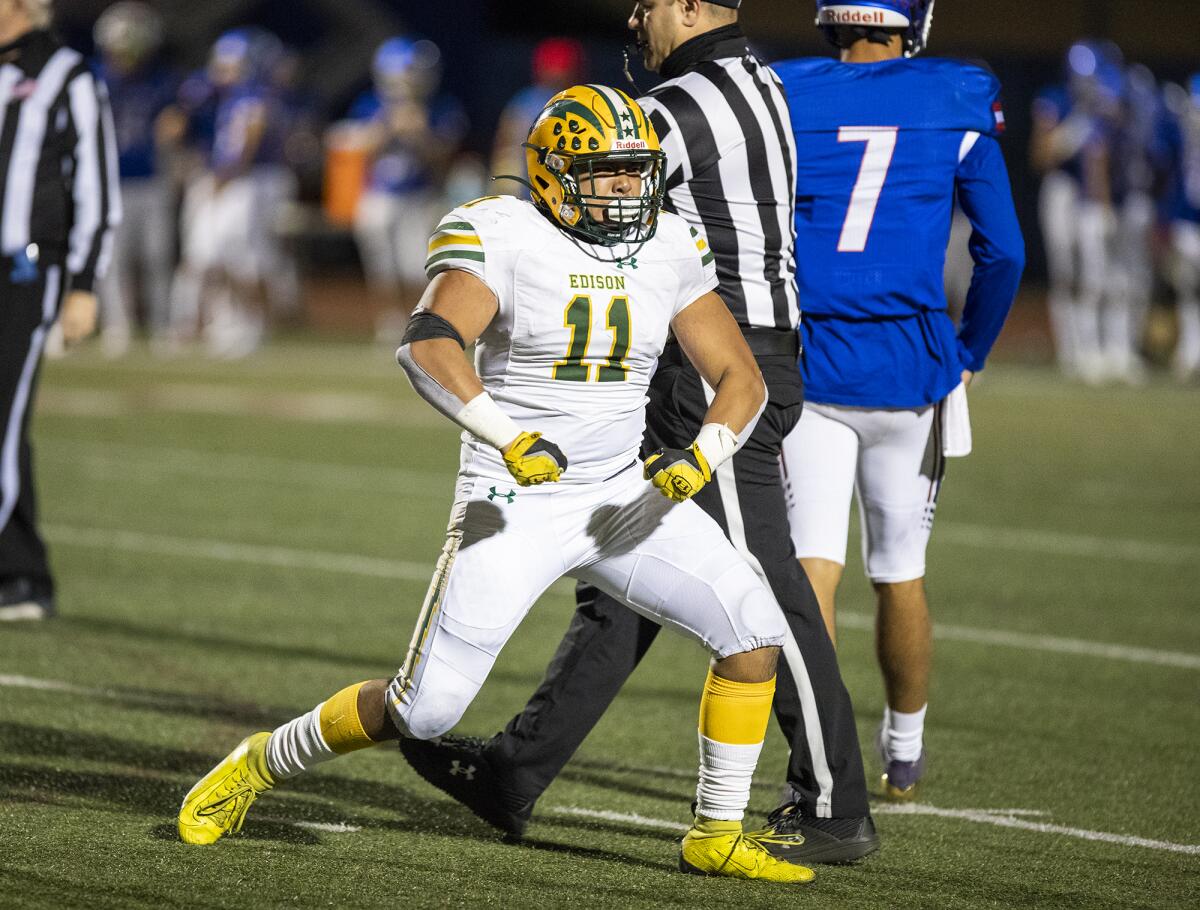 Edison's Jerian Operana celebrates after a play against Los Alamitos on Friday.