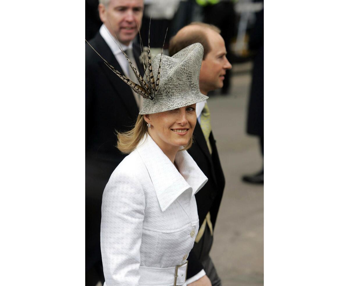 April 9, 2005: Sophie, Countess of Wessex, arrives with her husband, Prince Edward, at the Guildhall for the wedding of Edward's brother Prince Charles and Camilla Parker Bowles.