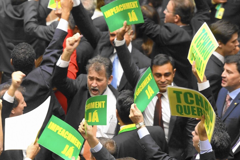 Lawmakers in Brazil demonstrate April 15 in favor of impeaching President Dilma Rousseff.