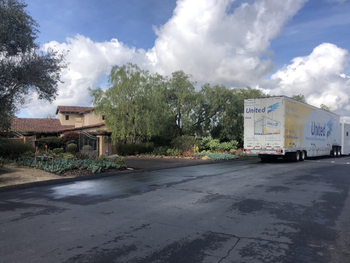 Moving van outside the North County home of Philip Rivers on Friday.