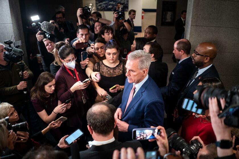 WASHINGTON, DC - JANUARY 03: Rep. Kevin McCarhty (R-CA) speaks with reporters as he departs from a GOP Caucus meeting in the U.S. Capitol Building on Tuesday, Jan. 3, 2023 in Washington, DC. Today members of the 118th Congress will be sworn in and the House of Representatives will hold votes on a new Speaker of the House. (Kent Nishimura / Los Angeles Times)