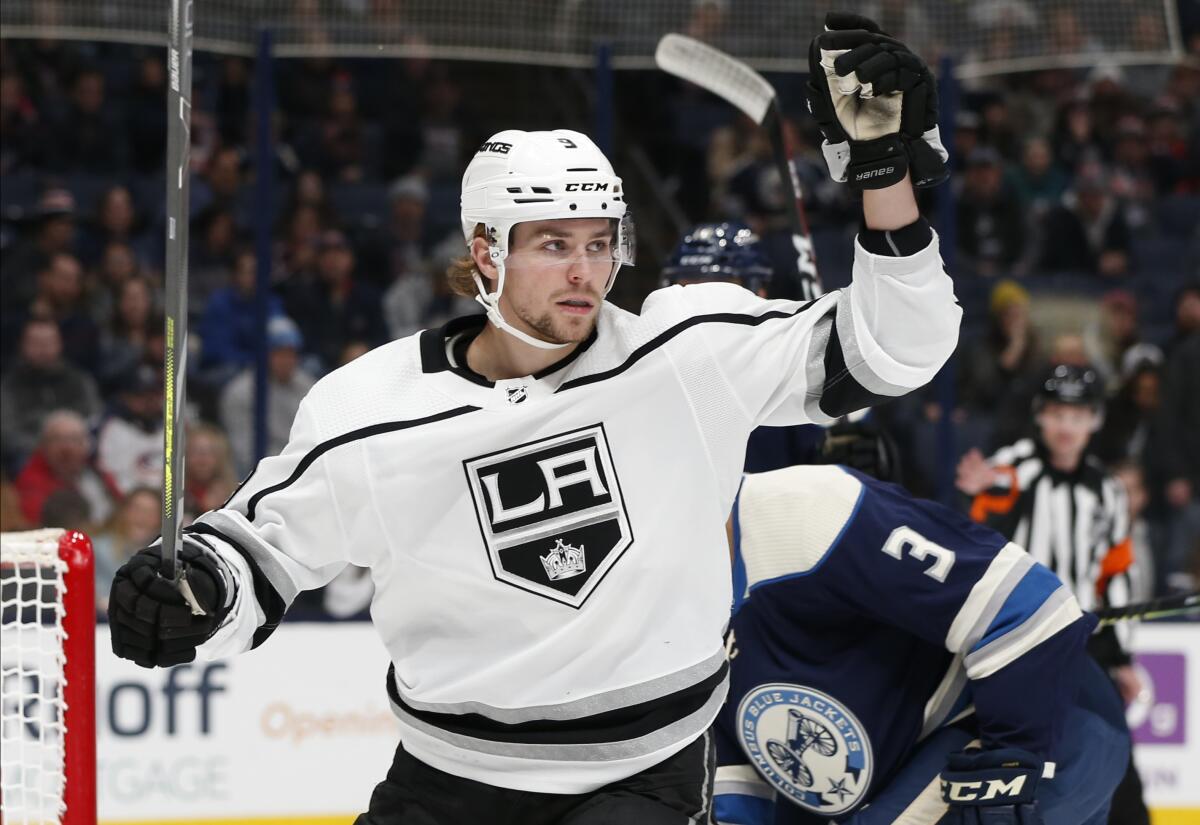 Kings right wing Adrian Kempe celebrates after scoring a goal against the Blue Jackets during the first period of a game Dec. 19. 