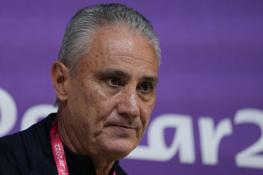 Brazil's head coach Tite attends a press conference on the eve of World Cup round of 16 soccer match between Brazil and South Korea in Doha, Qatar, Sunday, Dec. 4, 2022. (AP Photo/Andre Penner)
