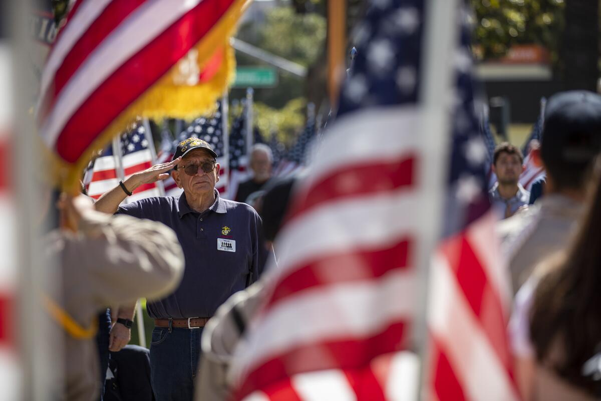 Nick Berardino salutes during a presentation of the colors at the Old Orange County Courthouse.