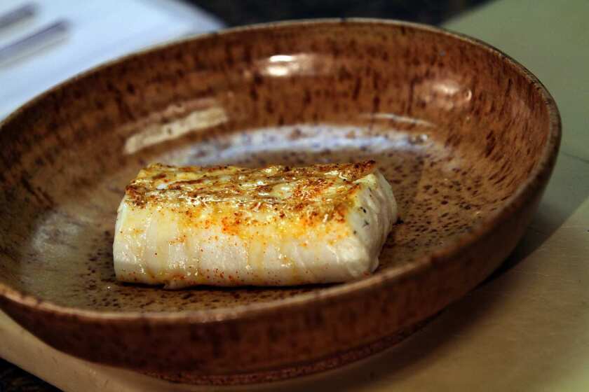 Grilled brined halibut from Chef Michael Cimarusti, chef owner of Providence.