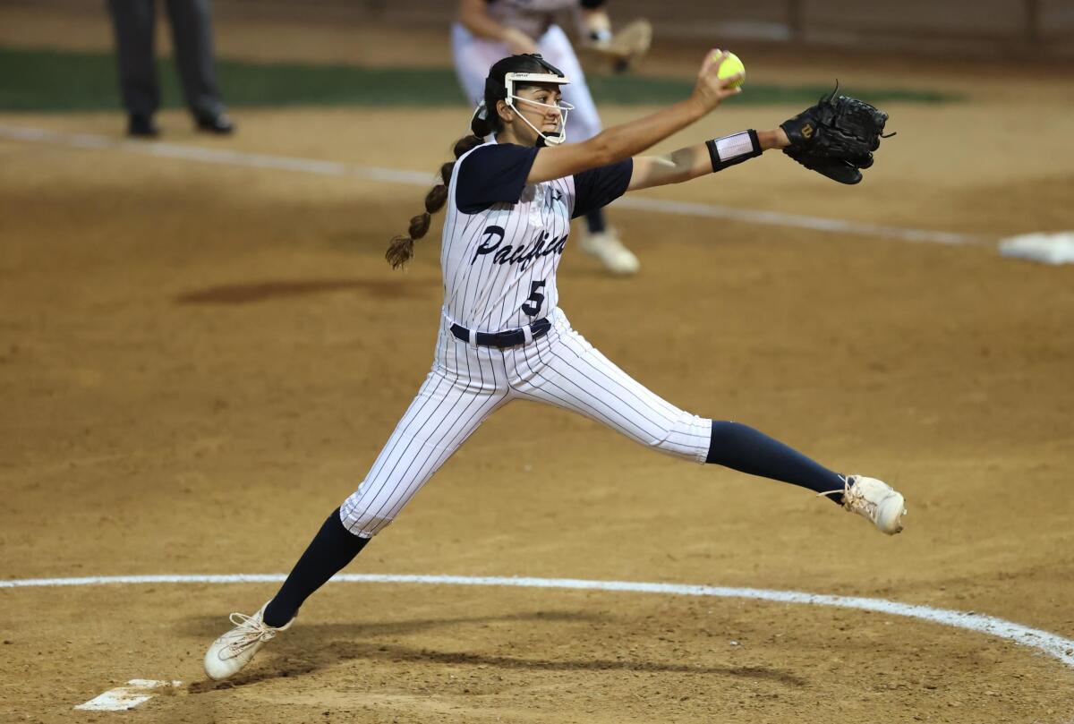 Brynne Nally of Garden Grove Pacifica High unleashes a pitch during the Southern Section Division 1 championship game.