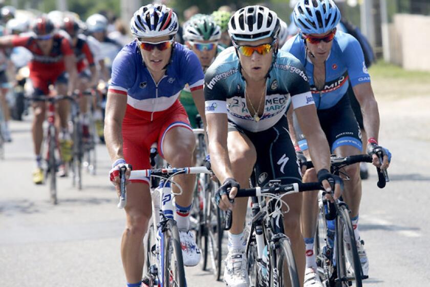 Matteo Trentin of Italy leads the breakaway pack during Stage 14 of the Tour de France on Saturday.