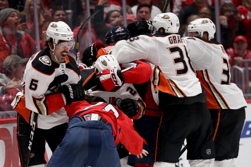 WASHINGTON, DC - NOVEMBER 18: Erik Gudbranson #6 of the Anaheim Ducks and Brendan Leipsic #28 of the Washington Capitals fight in the second period at Capital One Arena on November 18, 2019 in Washington, DC. (Photo by Rob Carr/Getty Images)