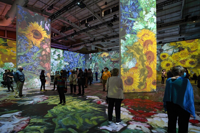 Guests at Wyland Center at Del Mar Fairgrounds take in the immersive experience into the world of Van Gogh.