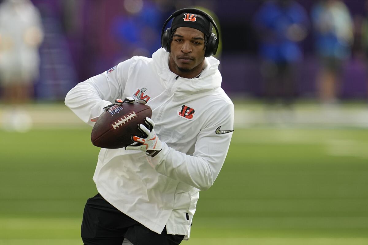 Cincinnati Bengals wide receiver Ja'Marr Chase warms up before Super Bowl LVI at SoFi Stadium on Sunday.