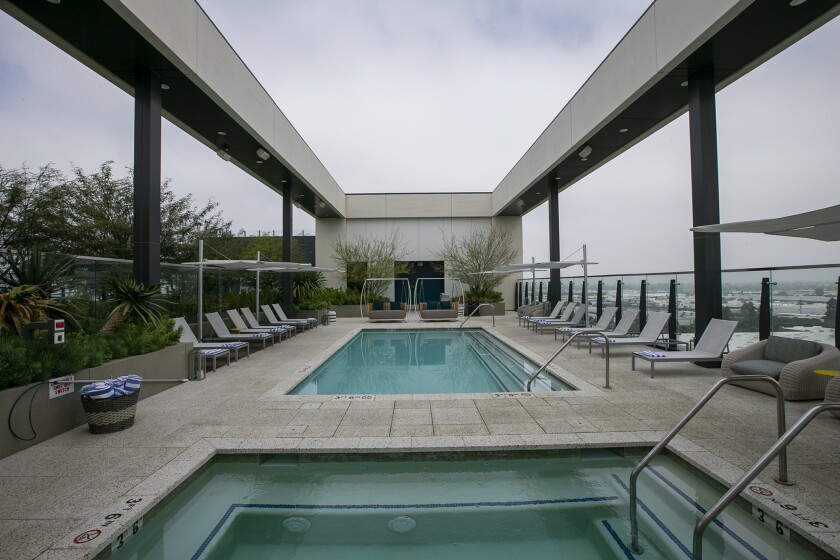 The rooftop pool and spa at the Radisson Blu in Anaheim.