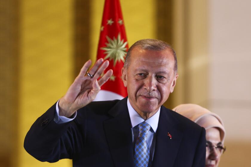Turkish President and People's Alliance's presidential candidate Recep Tayyip Erdogan makes a speech at the presidential palace, in Ankara, Turkey, Sunday, May 28, 2023. Turkish President Recep Tayyip Erdogan has dissipated a challenge by an opponent who sought to reverse his increasingly authoritarian leanings, securing five more years to oversee the country at the crossroads of Europe and Asia that plays a key role in NATO. (AP Photo/Ali Unal)