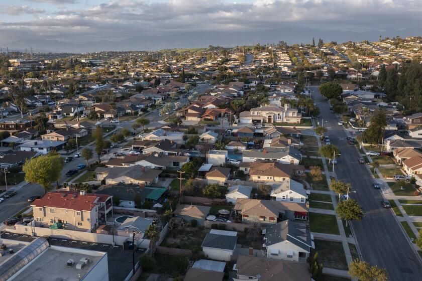 Sunset aerial view of dense suburban housing in Montebello, Calif.