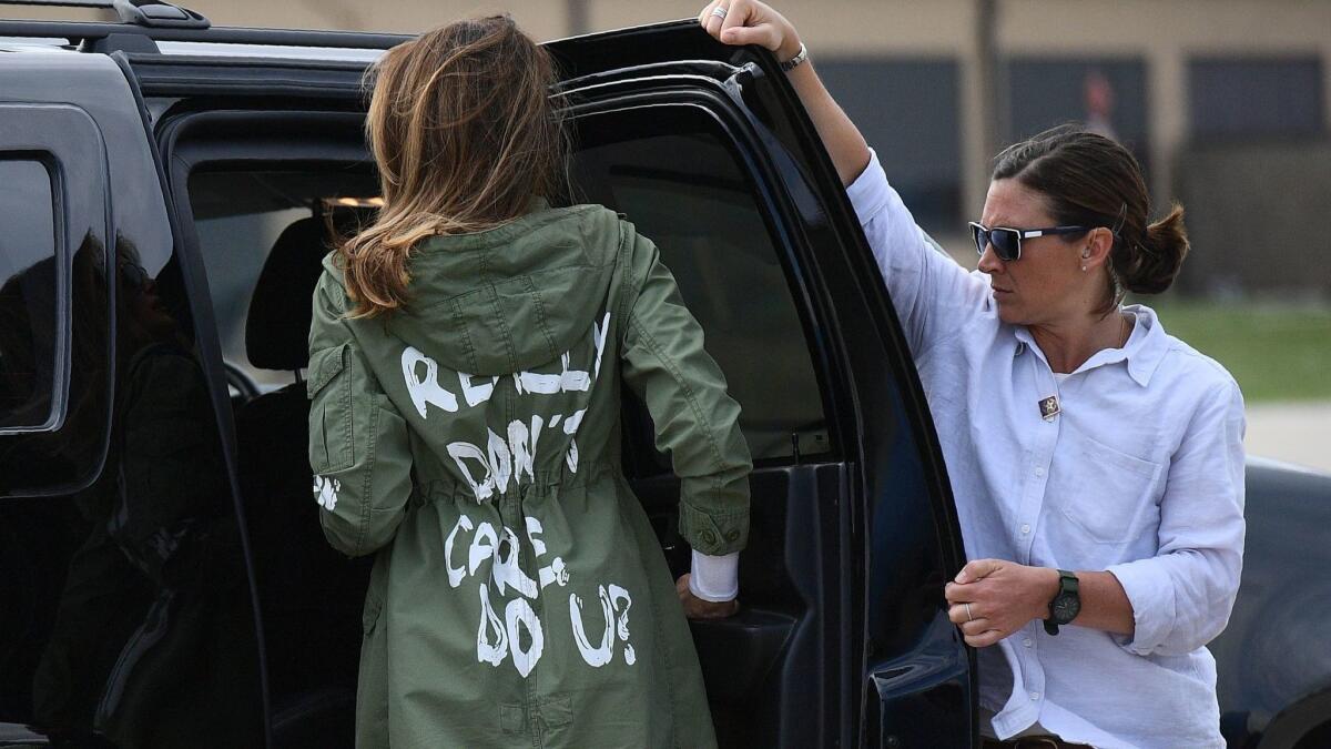 First Lady Melania Trump in a jacket bearing the words, "I really don't care. Do u?"