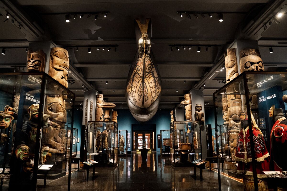Artifacts, dioramas, and representations of Native American culture from the northwest coast of North America are displayed, Tuesday, May 10, 2022, at the American Museum of Natural History in New York. The oldest gallery at the American Museum of Natural History, the Northwest Coast Hall, is reopening to the public Friday after an extensive 5-year, $19 million renovation based on input from representatives of all the Indigenous tribes whose cultures are on display. (AP Photo/John Minchillo)