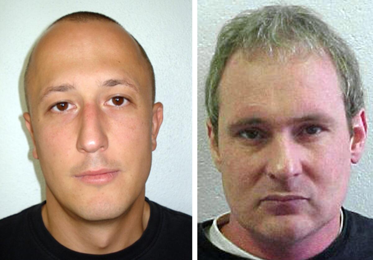 Bosnian Milan Poparic, left, a member of the "Pink Panthers" jewelry-heist ring, and Swiss citizen Adrian Albrecht, were broken out of a Swiss prison by suspected accomplices late Thursday.