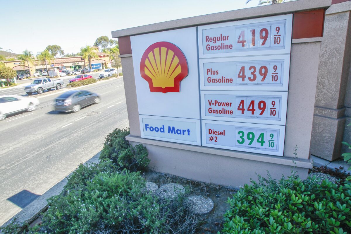 Gas prices at Shell station in San Marcos, Calif., on Tuesday.
