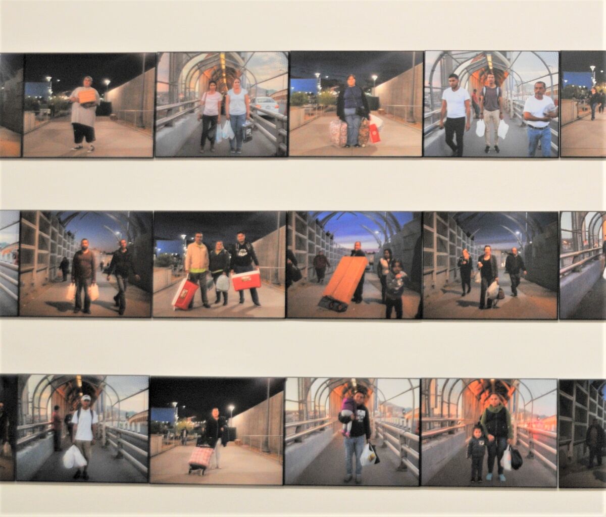 “Mexican Shoppers” is a collection of photos by Ingrid Leyva that documents Mexican nationals toting shopping bags and boxes as they cross the border back to Mexico after shopping in the U.S.