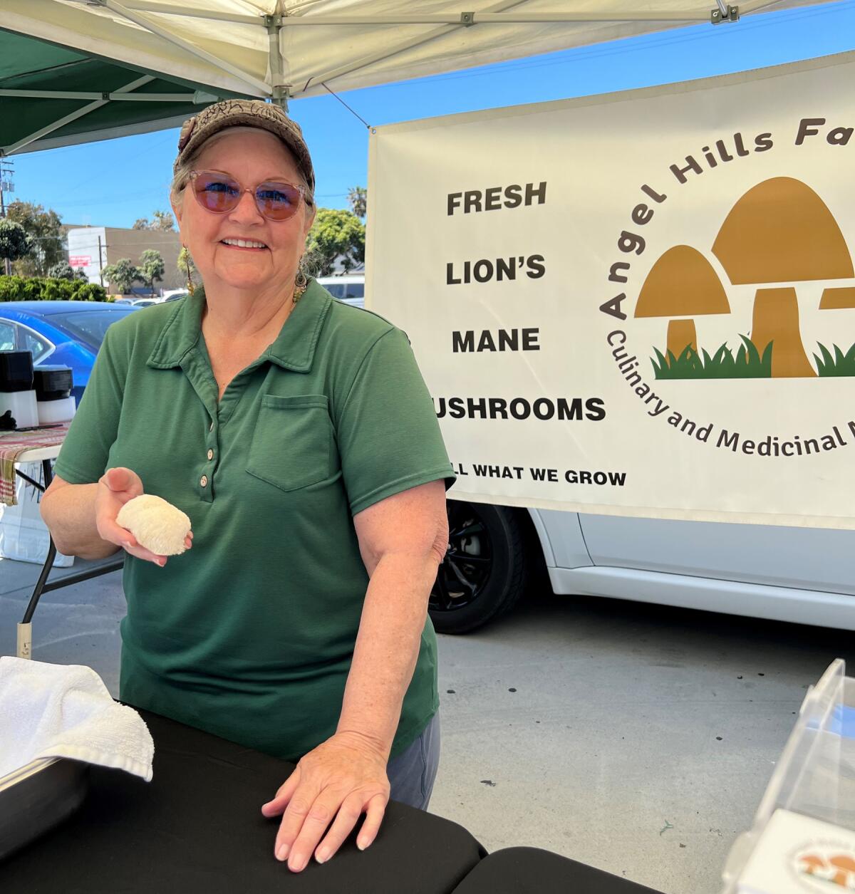 Jana Cason of Angel Hills Farm offers unusual mushrooms for sale, including this lion’s mane variety.