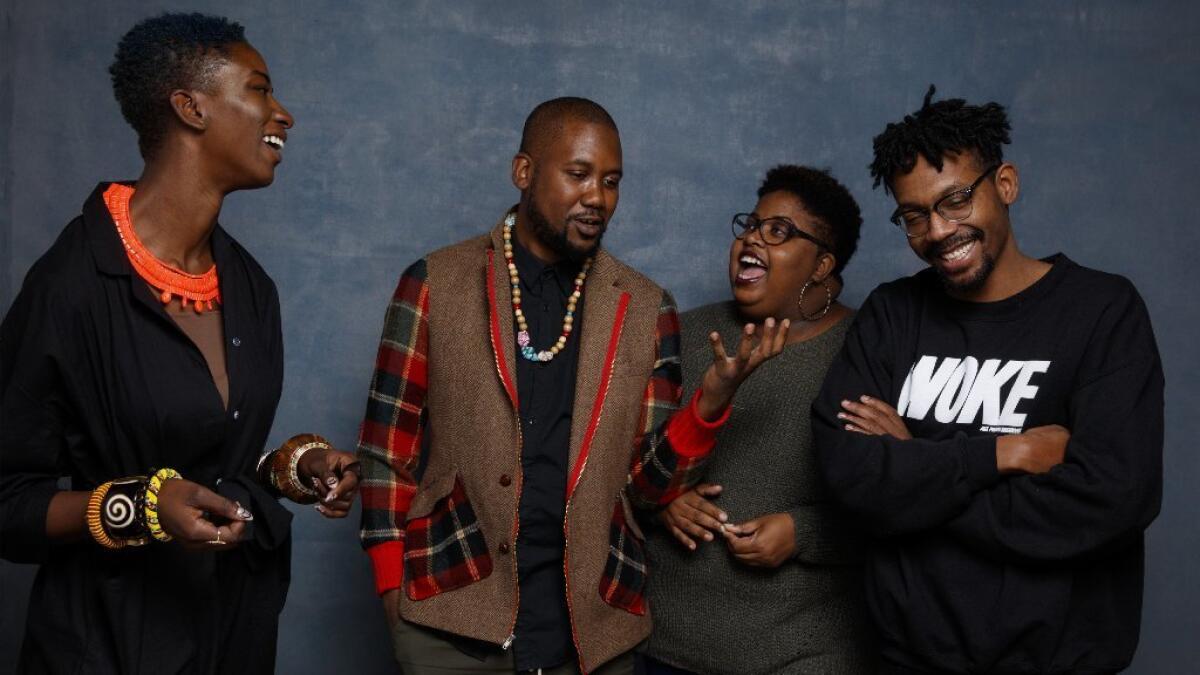 Sabaah Folayan, left, Tef Poe, Kayla Reed and Damon Davis from the documentary film "Whose Streets?"