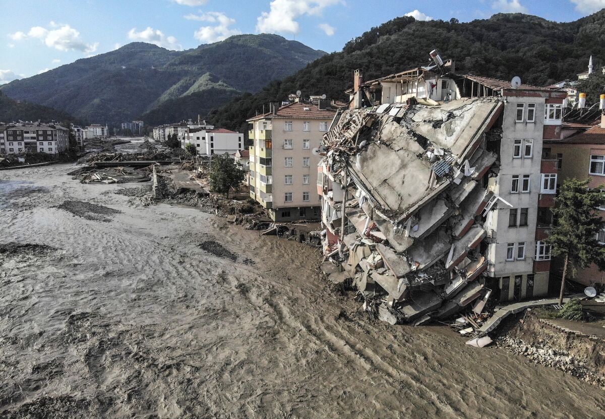 An aerial photo shows destroyed buildings after floods and mudslides in the Turkish town of Bozkurt.