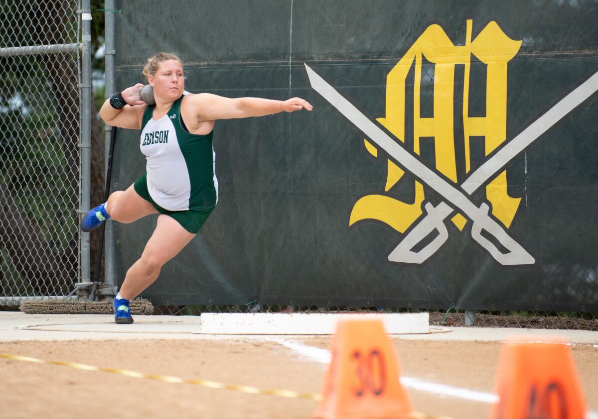 Edison's Alexa Sheldon winds up for a throw in the shot put during the CIF Masters Meet at Moorpark High on Saturday.