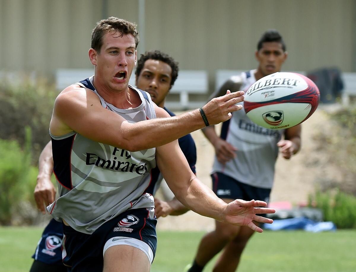 Members of the U.S. Rugby 'sevens' team train at the Olympic training facility in San Diego on May 28. Both the men's team and the women's team will compete in the 2016 Games in Rio de Janeiro.