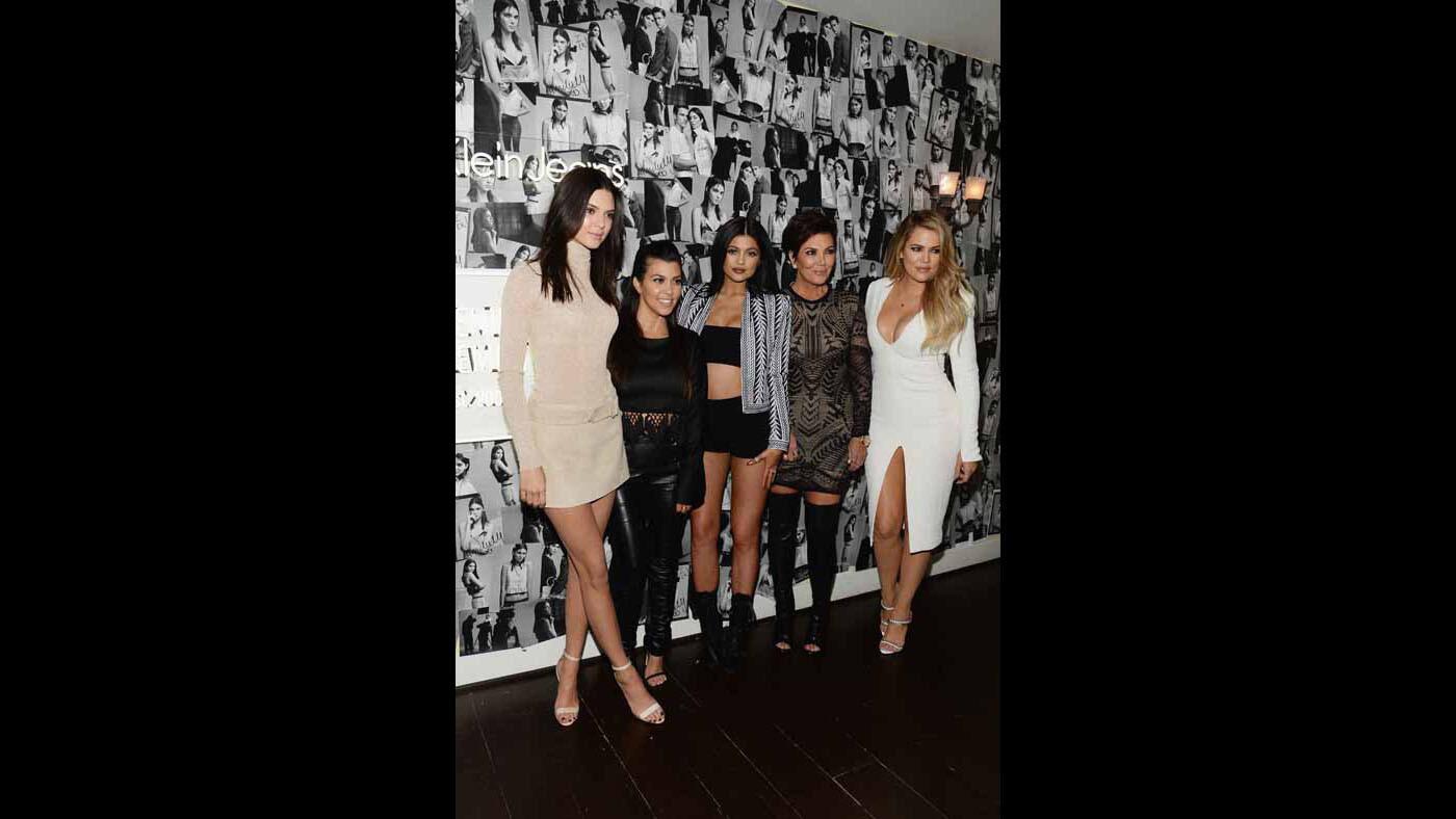Model Kendall Jenner, from left, and TV personalities Kourtney Kardashian, Kylie Jenner, Kris Jenner and Khloe Kardashian attend Calvin Klein Jeans' launch of the #mycalvins Denim Series, hosted by Opening Ceremony, at Chateau Marmont on Thursday in Los Angeles.
