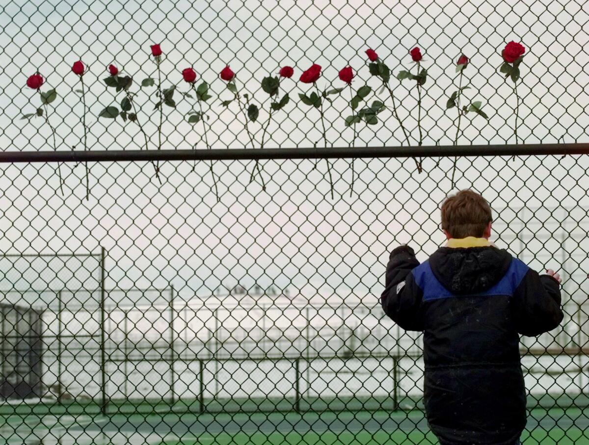 A boy looks through a fence where 13 roses were placed.