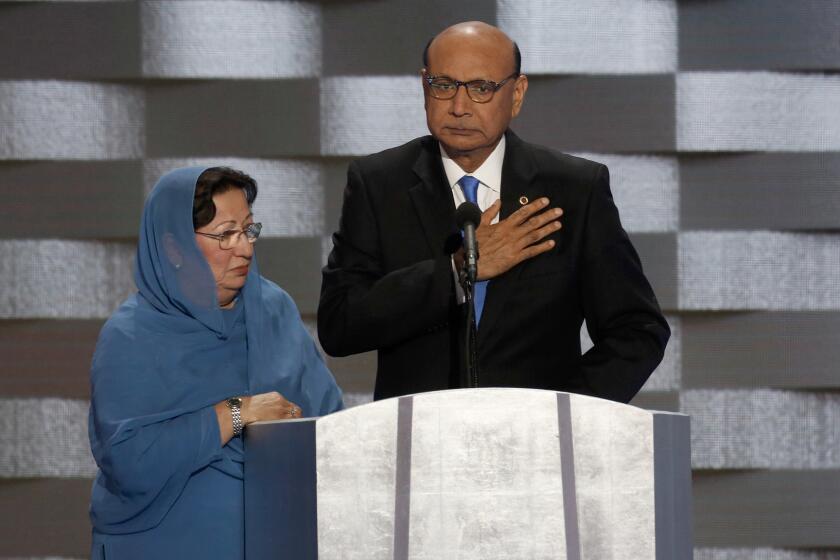 Khizr Khan and his wife, Ghazala, at the Democratic National Convention. They are the parents of U.S. Army Capt. Humayun Khan, who was killed while serving in Iraq.