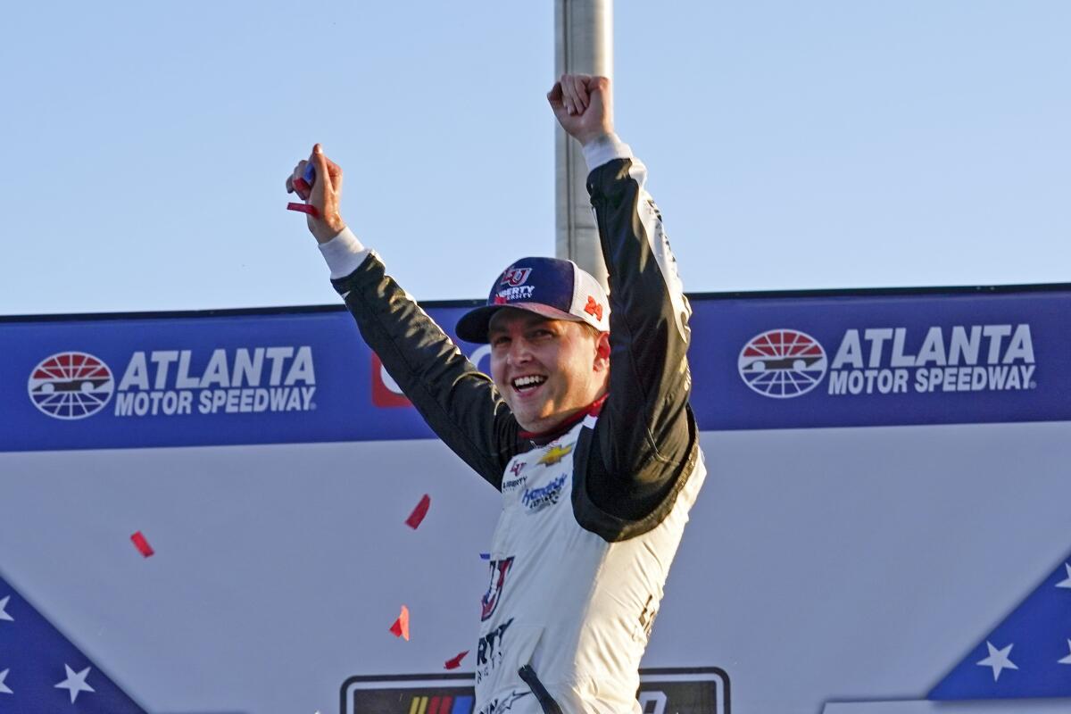 William Byron celebrates in victory lane after winning Sunday's NASCAR Cup race.