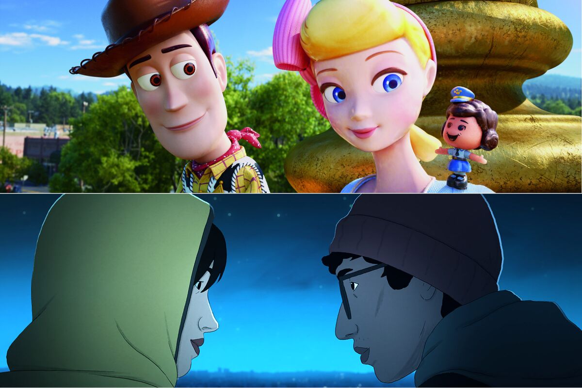 Bo Peep (center) introduces Woody (left) to her best friend Giggle McDimples (right) in “Toy Story 4,” top, and a scene from the film “I Lost My Body.”