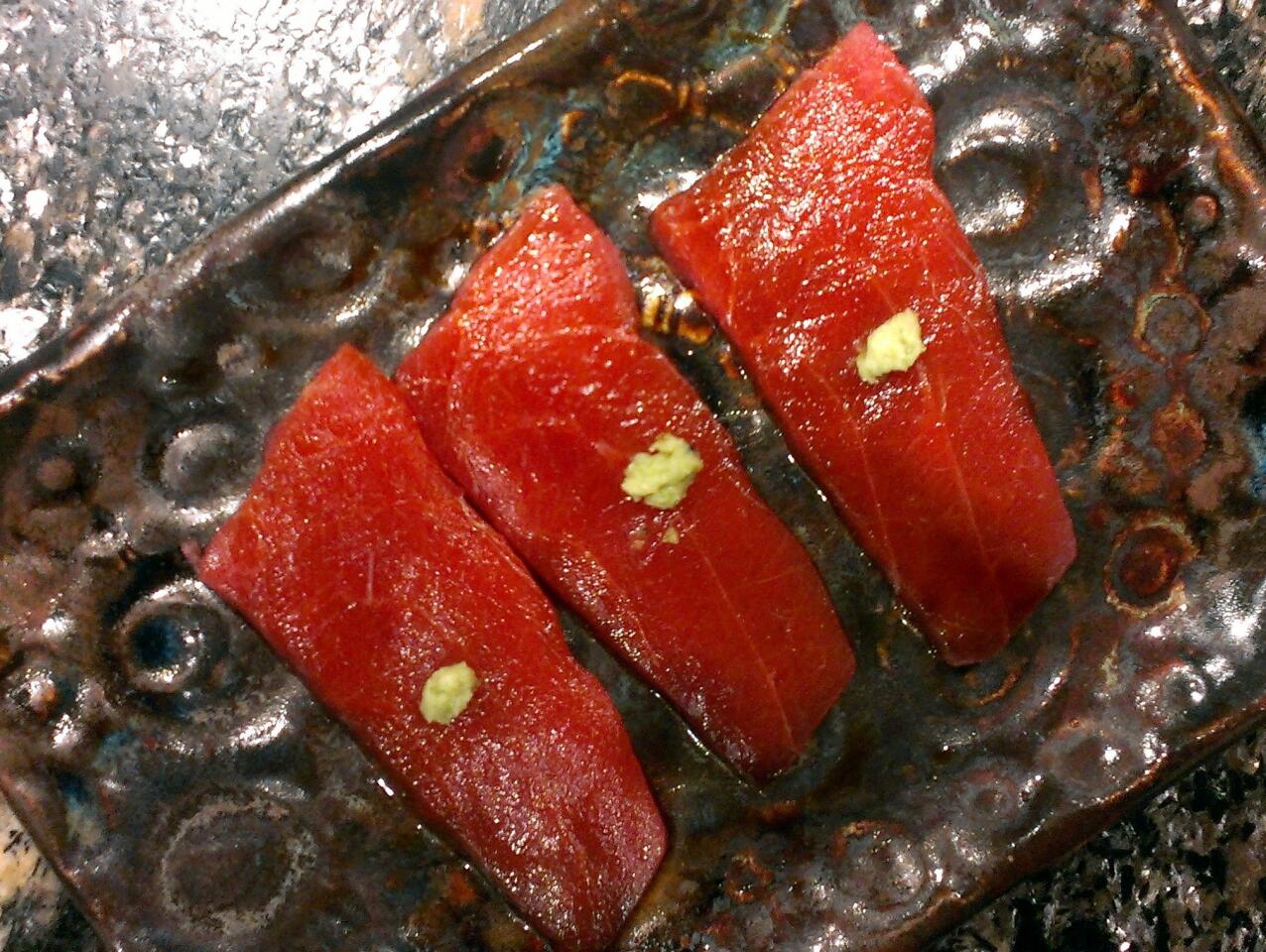 Maguro (tuna) sashimi with wasabi, part of an omakase meal at the new Sushi Zo downtown.